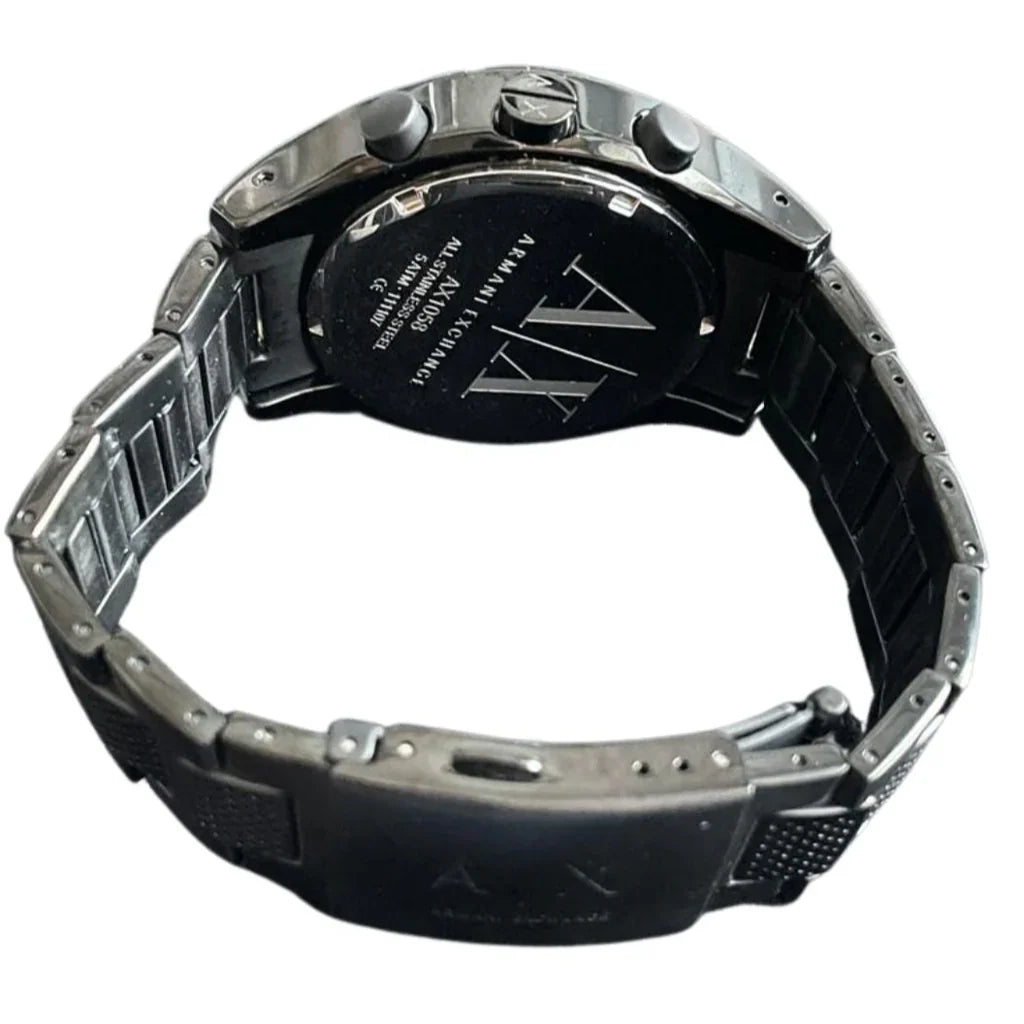Caseback of Armani Exchange AX1058 watch showing engraved branding and movement details