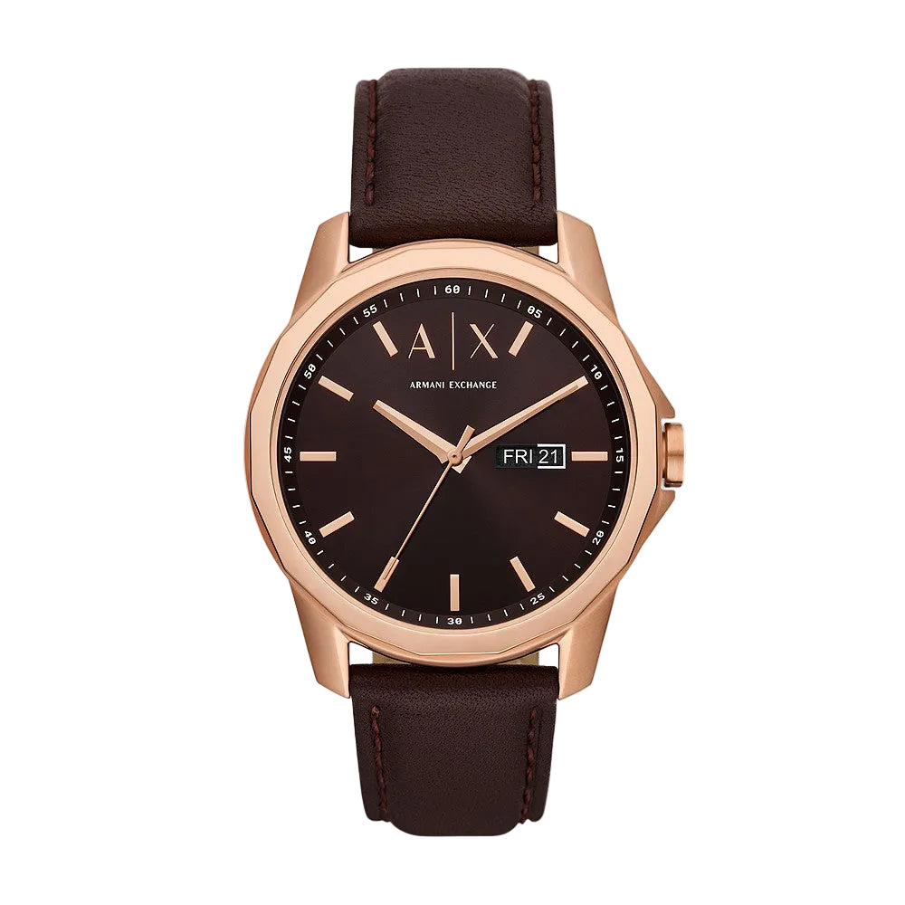 Armani Exchange Banks Herenhorloge met drie wijzers, dag- en datumweergave en bruine wijzerplaat met zonnestraalmotief - AX1740 Hoofdafbeelding