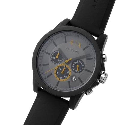Armani Exchange AX7123 grey chronograph watch worn on wrist with black rubber strap