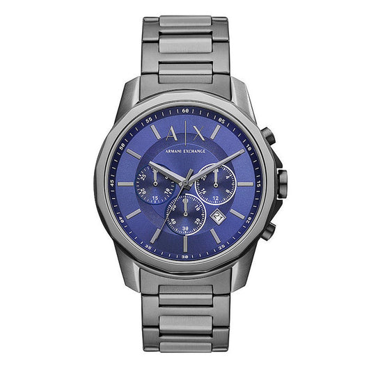 Armani Exchange Banks AX1731 chronograph watch with gunmetal stainless steel case and bracelet, blue dial with three subdials