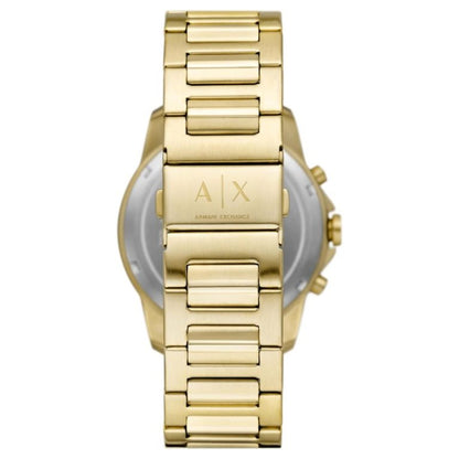 Armani Exchange Banks watch caseback showing gold stainless steel case and bracelet