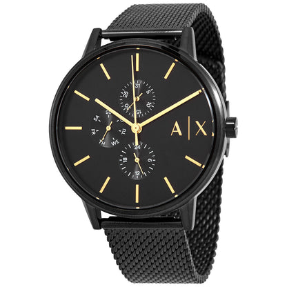 Armani Exchange Cayde black chronograph dial with gold indices and mesh strap