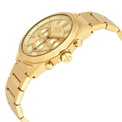 Armani Exchange Drexler gold chronograph watch shown at angle with gold bracelet