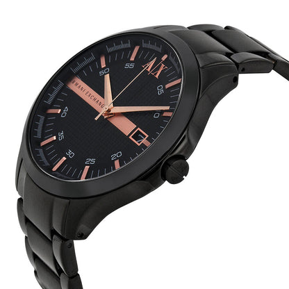 Angled view of Armani Exchange Hampton watch showing black dial with rose accents and side profile
