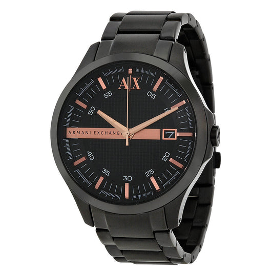 Armani Exchange Hampton black dial watch with rose-tone hands and date window, ion-plated bracelet