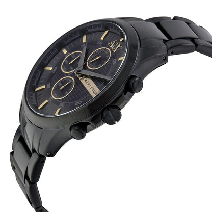 Side angle view of AX2164 showing chronograph subdials and black metal bracelet