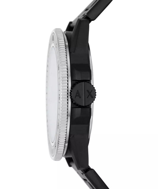 Armani Exchange Leonardo AX1858 side profile showing teal bezel and black stainless steel case