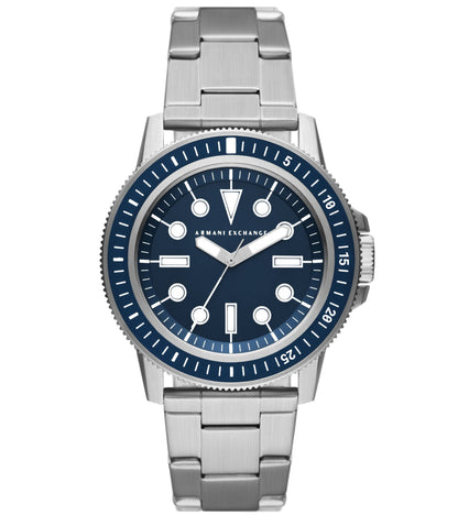 Armani Exchange Leonardo AX1861 watch front view with steel bracelet and navy dial