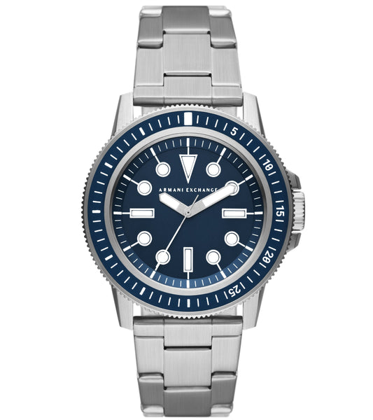Armani Exchange Leonardo AX1861 watch front view with steel bracelet and navy dial