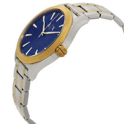 Armani Exchange Nico watch side angle view showing two-tone stainless steel bracelet