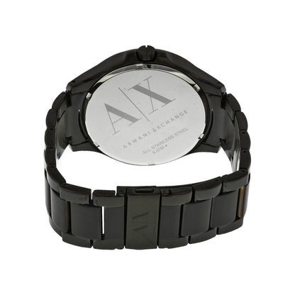 Armani Exchange Hampton caseback showing engraved AX logo and all stainless steel text
