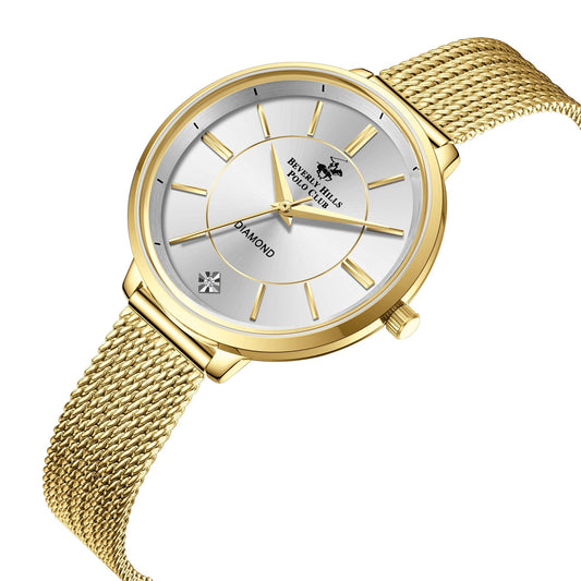 Beverly Hills Polo Club gold mesh watch angled view showing white dial and mesh strap detail