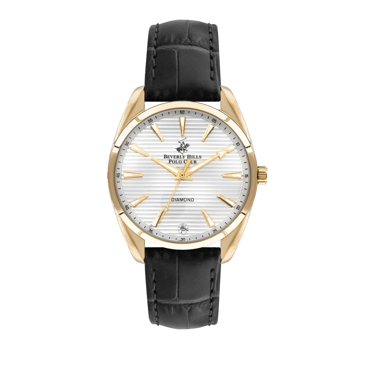 Beverly Hills Polo Club women's leather diamond watch with gold-tone case and black leather strap