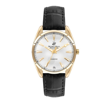 Beverly Hills Polo Club women's leather diamond watch with gold-tone case and black leather strap