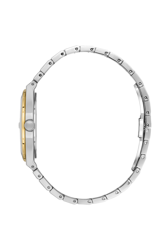 Side view of Beverly Hills Polo Club two-tone watch showing diamond-set bezel and case thickness