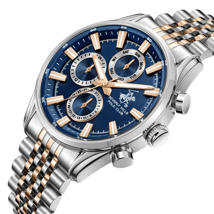 Beverly Hills Polo Club BP3823X.590 chronograph watch with two-tone bracelet and blue dial at angle