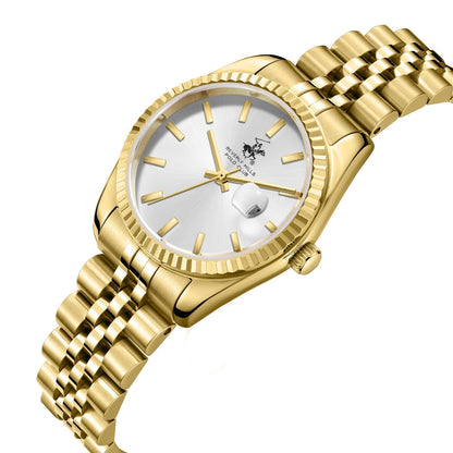 Beverly Hills Polo Club BP3827X gold watch at angle showing dial and gold bracelet strap