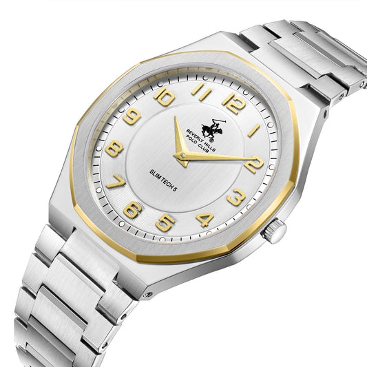 Angled view of two-tone watch showing octagonal case, integrated bracelet, and gold bezel detail