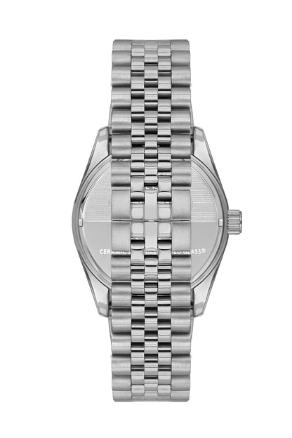 Angled view of Beverly Hills Polo Club silver watch with orange dial