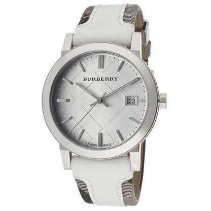 Burberry BU9019 watch with white sunray dial and white leather trench check strap
