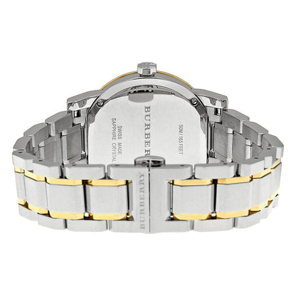 Burberry BU9115 caseback view showing two-tone silver and gold-tone bracelet