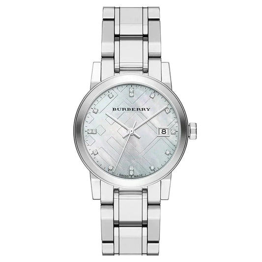 Burberry BU9125 silver stainless steel women's watch with mother-of-pearl dial and date window