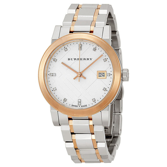 Burberry BU9127 silver dial ladies watch with rose gold and stainless steel two-tone bracelet