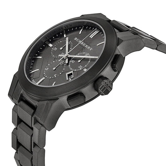 Burberry BU9354 chronograph watch shown at angle with dark grey dial and subdials visible