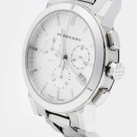 Burberry The City chronograph watch side angle view showing stainless steel bracelet and case