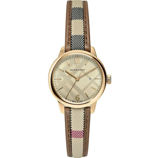 Burberry Classic women's watch with champagne dial, rose gold case, and brown check leather strap