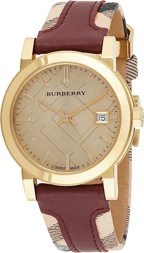 Burberry Maroon Leather Check Strap Women's Watch BU9111