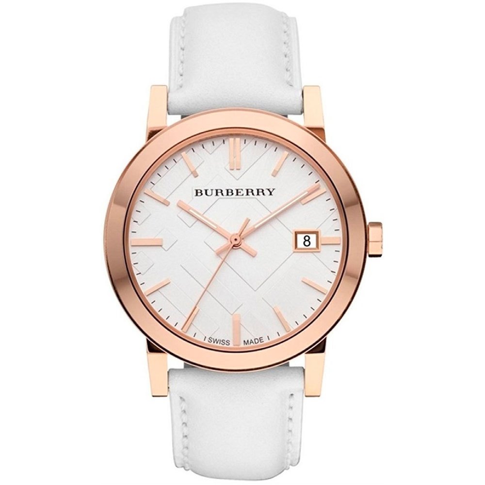 Burberry The City Large Check Strap White Dial Rose Gold Case Leather Unisex Watch BU9012 Hoofdafbeelding