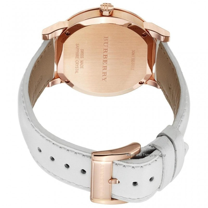 Burberry The City Large Check Strap White Dial Rose Gold Case Leather Unisex Watch BU9012