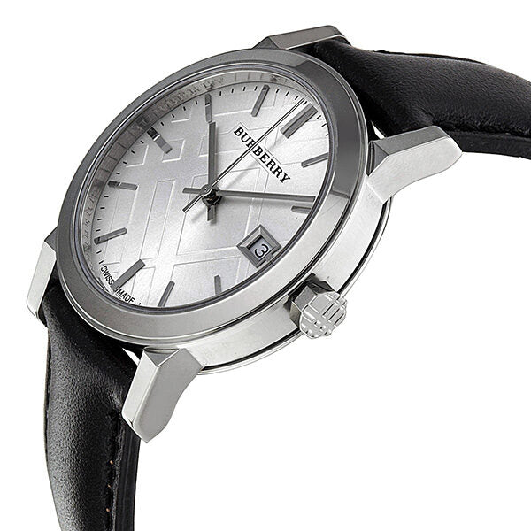 Burberry Silver Dial Black Leather Ladies Watch BU9106