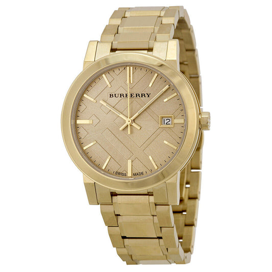 Burberry The City watch with champagne dial, gold-tone case and bracelet, date window visible