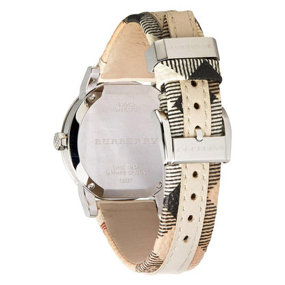 Burberry The City Haymarket watch caseback showing engraved branding and Haymarket patterned strap