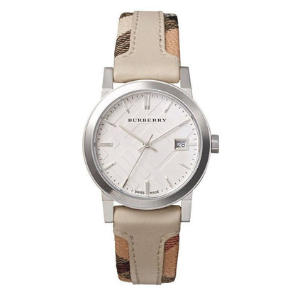 Burberry The City Haymarket white dial women's watch with cream leather strap and Haymarket check detail