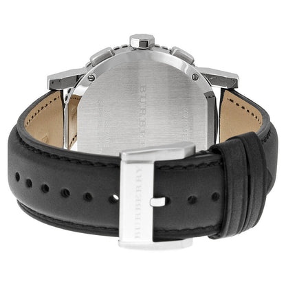 Burberry The City watch caseback showing stainless steel case and black leather strap