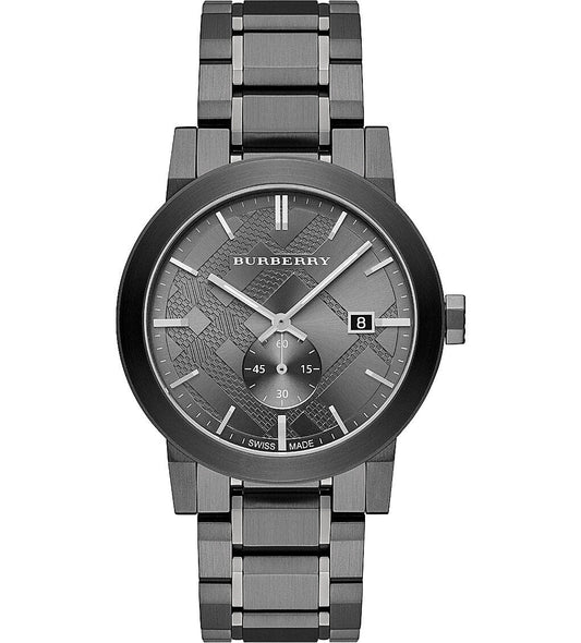 Burberry The City men's watch with gunmetal dial, stainless steel bracelet, date window, and subdials
