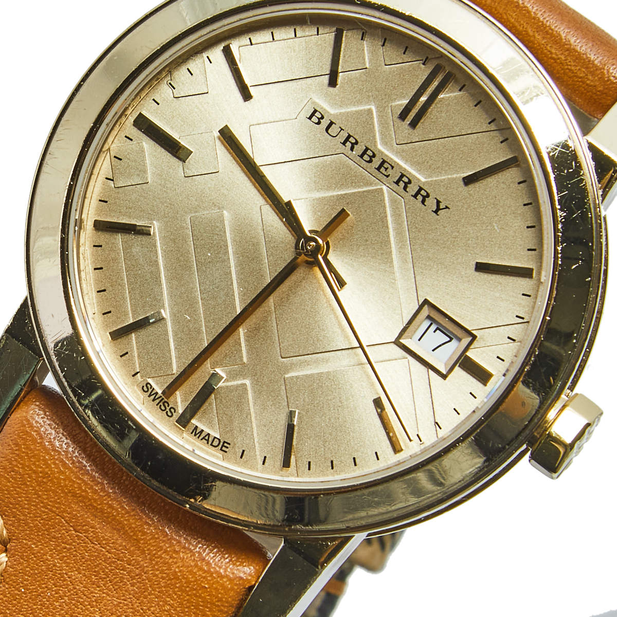 Burberry The City Champagne Dial Tan Leather and Fabric Trim Ladies Watch BU9133 Secundaire afbeelding