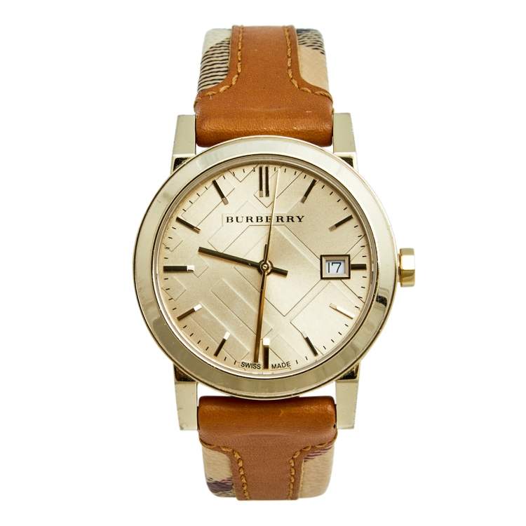 Burberry The City Champagne Dial Tan Leather and Fabric Trim Ladies Watch BU9133 Hoofdafbeelding
