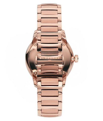Burberry Classic BU10013 rose gold watch case back view showing bracelet attachment