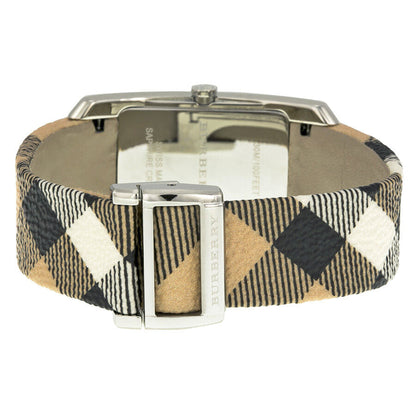 Caseback view of Burberry The Pioneer watch displaying metal case and Haymarket check strap detail