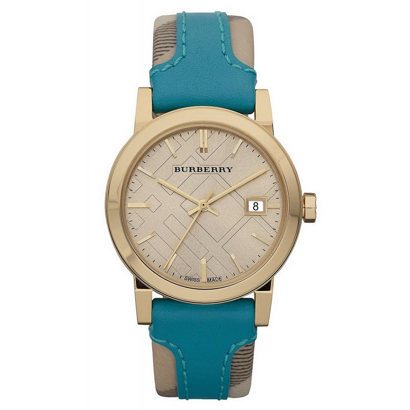 Burberry The City Haymarket Check White Dial Turquoise Leather Strap Women's Watch Watch BU9112