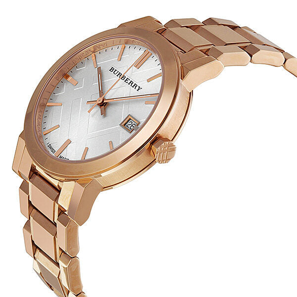 Burberry The City Check Stamped Silver White Dial Rose Gold Stainless Steel Unisex BU9004