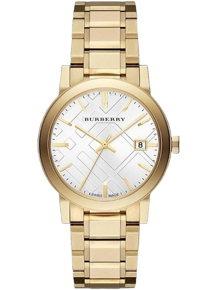 Burberry Unisex Horloge BU9003 met witte wijzerplaat, geelgoud verguld en roestvrijstalen kast Hoofdafbeelding