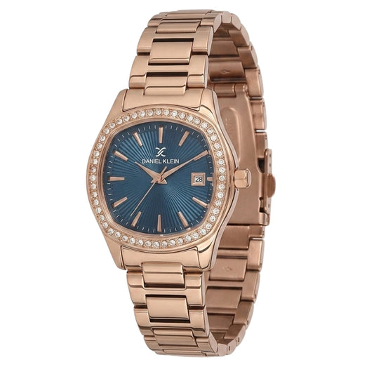 Daniel Klein rose gold watch with navy blue dial and crystal-set bezel on matching bracelet