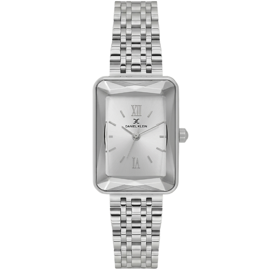 Daniel Klein DK.1.13875-1 rectangular silver watch with Roman numeral dial and matching bracelet