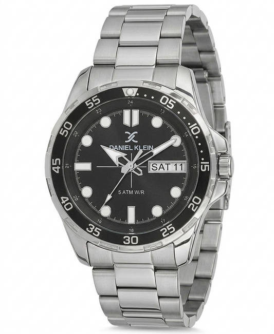 Daniel Klein Premium watch with black dial, day-date window, and silver stainless steel bracelet