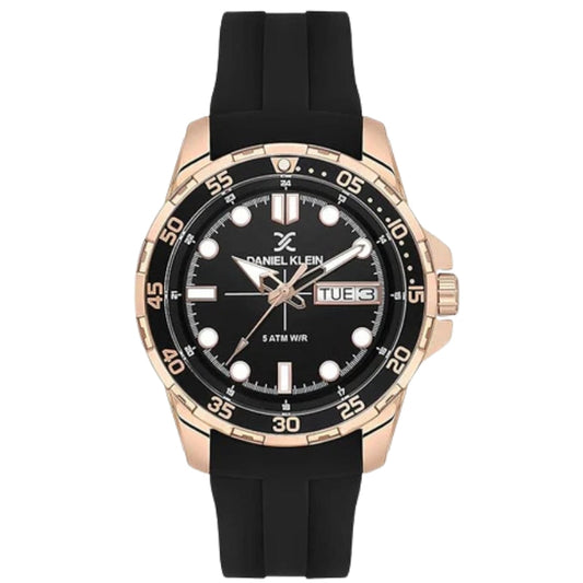 Daniel Klein Premium watch with black dial, rose gold case, day date window, and black silicone strap
